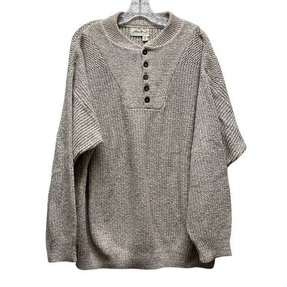 Vintage Eddie Bauer Henley Sweater Large Oatmeal - Picture 2 of 6